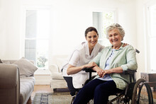 Nurse, Portrait And Woman Disability In Wheelchair, Medical Wellness Or Homecare Support. Caregiver Helping Disabled Patient, Senior Healthcare And Service Of Elderly Rehabilitation With Mockup