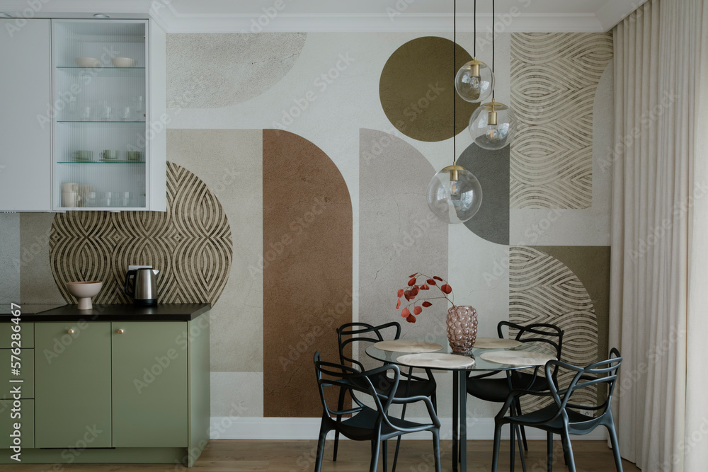 Interior design of dinning room interior with round glass table ...