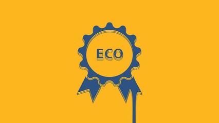 Sticker - Blue Banner, label, tag, logo for eco green healthy food icon isolated on orange background. Organic product. Healthy food sticker. 4K Video motion graphic animation