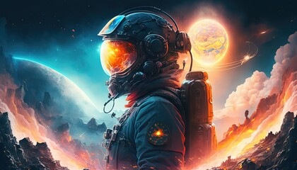 Wall Mural - illustration of an astronaut in space battlefield, idea for sci-fi and space punk background wallpap