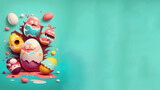 Fototapeta Zwierzęta - Easter eggs banner background, color, colorful, vector illustration, eastern celebration graphic design