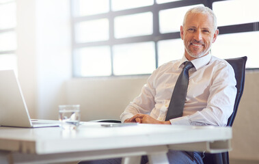Aufkleber - Technology keeps me connected to my competitors. Portrait of a mature businessman sitting at his desk in an office.
