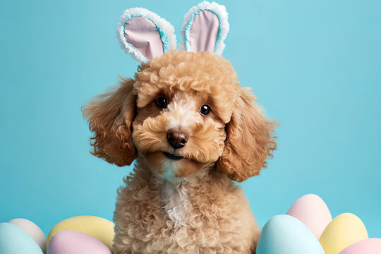 cute dog in front of easter eggs and flowers.