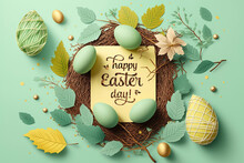 Easter Poster And Banner Template With Easter Eggs In The Nest On Light Green Background - Generative Ai