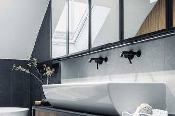 Poster - Stylish bathroom interior with bathtub, sink and personal bathroom accessories. Modern and creative interior concept. Marble walls. Template.