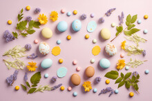 Many Decorated Easter Eggs Illustration As Background, Top View, Wide Angle - Copy Space - Generative Ai