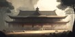 traditional japanese dojo atmosphere in foggy morning, Generative AI