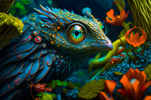 Painting Of Blue Bird With Green Eyes. Fantasy. Generative AI.