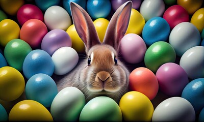 Wall Mural - Happy Easter bunny with many colorful easter eggs, generative AI