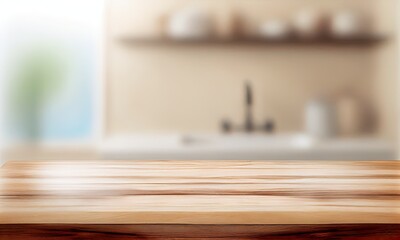 Wooden table on blurred background of bathroom window and shelves, generative AI