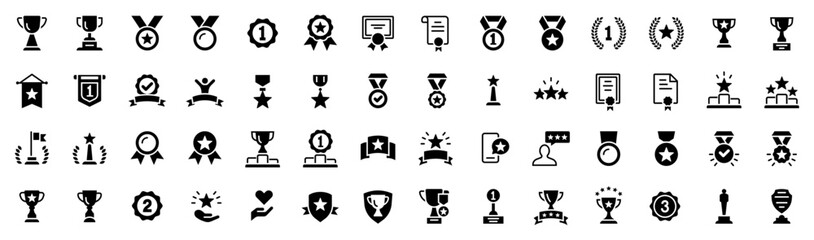 tophy and awards icons set. award and winner medal, victory cup and trophy set reward. vector illust