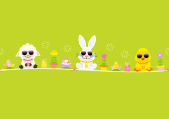 Poster - Schaf, Weißer Osterhase & Küken Sonnenbrille Icons Karte Grün