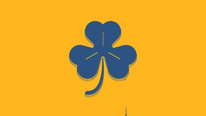 Poster - Blue Four leaf clover icon isolated on orange background. Happy Saint Patrick day. 4K Video motion graphic animation