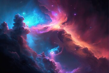 Space background with purple nebula and stars, deepsky astrography. Cosmic purple light background. AI generative.