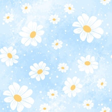 Spring Pattern Of Chamomile Flowers Of Different Sizes On A Blue Watercolor Background. Vector. Seamless Pattern.