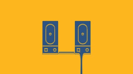 Canvas Print - Blue Stereo speaker icon isolated on orange background. Sound system speakers. Music icon. Musical column speaker bass equipment. 4K Video motion graphic animation