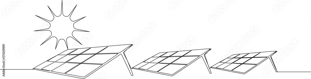 continuous single line drawing of solar power photovoltaic system, line art vector illustration