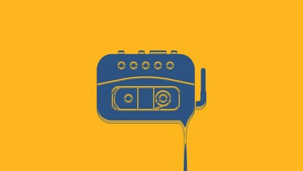 Sticker - Blue Music tape player icon isolated on orange background. Portable music device. 4K Video motion graphic animation