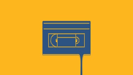 Sticker - Blue VHS video cassette tape icon isolated on orange background. 4K Video motion graphic animation