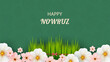 Postcard with Novruz holiday. Novruz Bayram background template. Spring flowers, painted eggs and wheat germ. Festive banner.