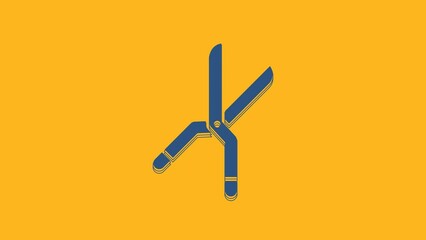 Sticker - Blue Gardening handmade scissors for trimming icon isolated on orange background. Pruning shears with wooden handles. 4K Video motion graphic animation