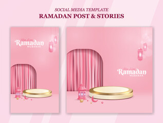 Wall Mural - Set ramadan social media post and stories. Eid mubarak banner layout arabian style art. Islamic background for muslim event or culture