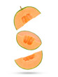 Slices of cantaloupe melon falling in the air isolated on transparent background. PNG