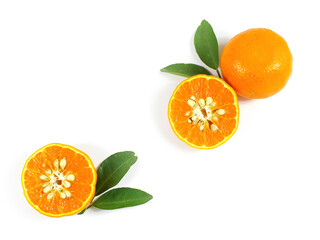 Wall Mural - Fresh ripe oranges fruit with green leaves isolated on white background.