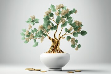 Wall Mural - , a tree with a bloom made of gold coins in a white vase. The idea of putting money aside for the future. Generative AI