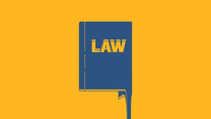 Wall Mural - Blue Law book icon isolated on orange background. Legal judge book. Judgment concept. 4K Video motion graphic animation