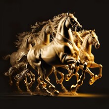 An Army On Golden Horses Galloping In Sight Black Background Gold  Through Water Bronze Dark History Generative AI 