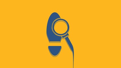 Wall Mural - Blue Magnifying glass with footsteps icon isolated on orange background. Detective is investigating. To follow in the footsteps. 4K Video motion graphic animation