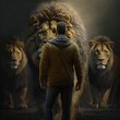 Daniel stands with his back to the lion pack a hiker in a not very favorable situation bible story real against mane male black dark cave backpack with with dangerous predator brave Generative AI 