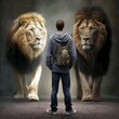 Daniel stands with his back to the lion pack a hiker in a not very favorable situation bible story real against lions mane male black dark cave backpack with dangerous predator brave  Generative AI 