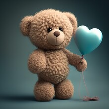 Cute Fuzzy Teddy Bear Holding A Heart Balloon On A String Love Romantic Romance Valentine Smiley Little Gift Gives It Plush Childhood Generative AI 