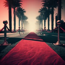 Red Carpet, Pathway To Fame In Dark With Columns Rope Long, Straight, Palm Trees Sunset Award Ceremony Sphere Star Premiere Vip Luxury Endless Railing Road Asphalt Generative AI
