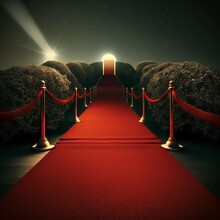 Red Carpet, Pathway To Fame In Dark With Columns Rope Long, Straight, Palm Trees Sunset Award Ceremony Sphere Star Premiere Vip Luxury Generative AI