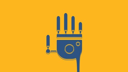 Poster - Blue Mechanical robot hand icon isolated on orange background. Robotic arm symbol. Technological concept. 4K Video motion graphic animation