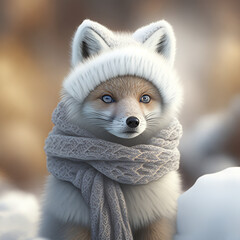 Poster - A white fox cub wearing a scarf and a hat in winter