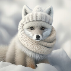 Canvas Print - A white fox cub wearing a scarf and a hat in winter