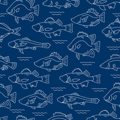 Wall Mural - Seamless fishes, isolated on blue background. Hand drawn sketch vector illustration.