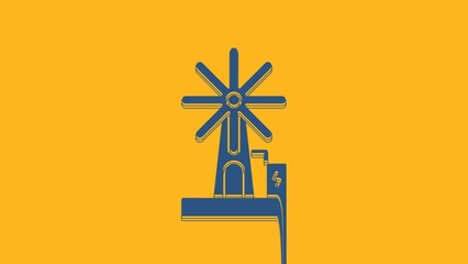 Wall Mural - Blue Wind turbine icon isolated on orange background. Wind generator sign. Windmill for electric power production. 4K Video motion graphic animation