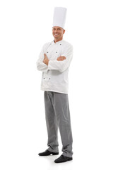 Wall Mural - Master chef. Full length studio shot of a smiling chef isolated on white.