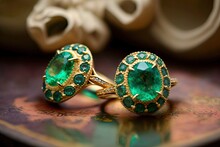 Ravishing Rings: Two Emerald Halos Anchored By Yellow Gold Generative AI