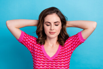 Canvas Print - Photo of peaceful tender lady hold arms behind head imagine weekend trip aboard isolated on blue color background