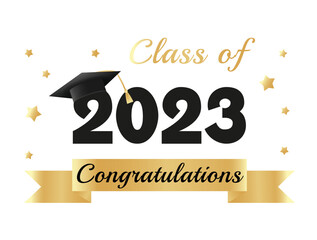 Wall Mural - Class of 2023. Congratulations graduates graduation concept for banner, greeting card, stamp, logo, print, invitation. Graduation gold typography design template. Flat style vector illustration