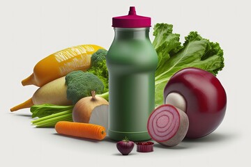 Poster - Green vegetable smoothie, a potential cleansing beverage. Pure, organic juice in a bottle, perfect for a fast day or a weight loss regimen. Isolated on white, a bowl of mixed beet, apple, carrot, and