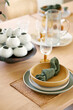 table set for serving food. in a calm natural style with wood and glass