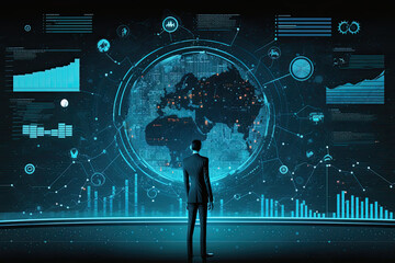 Businessman in suit looking at screen with data visualization, the concept of management, leadership, strategy, innovation, technology, radar, space, sonar, airplane, military