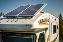 Solar Panels On The Roof Of A Travel Trailer. Eco-friendly Mobile Home. Green Renewable Energy. Environmental Protection. Photorealistic Drawing Generated By AI.